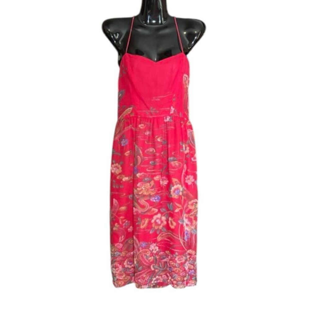 David Morris Vintage Spaghetti Strap Boho Floral Feather Pink Print‎ MIDI Dress